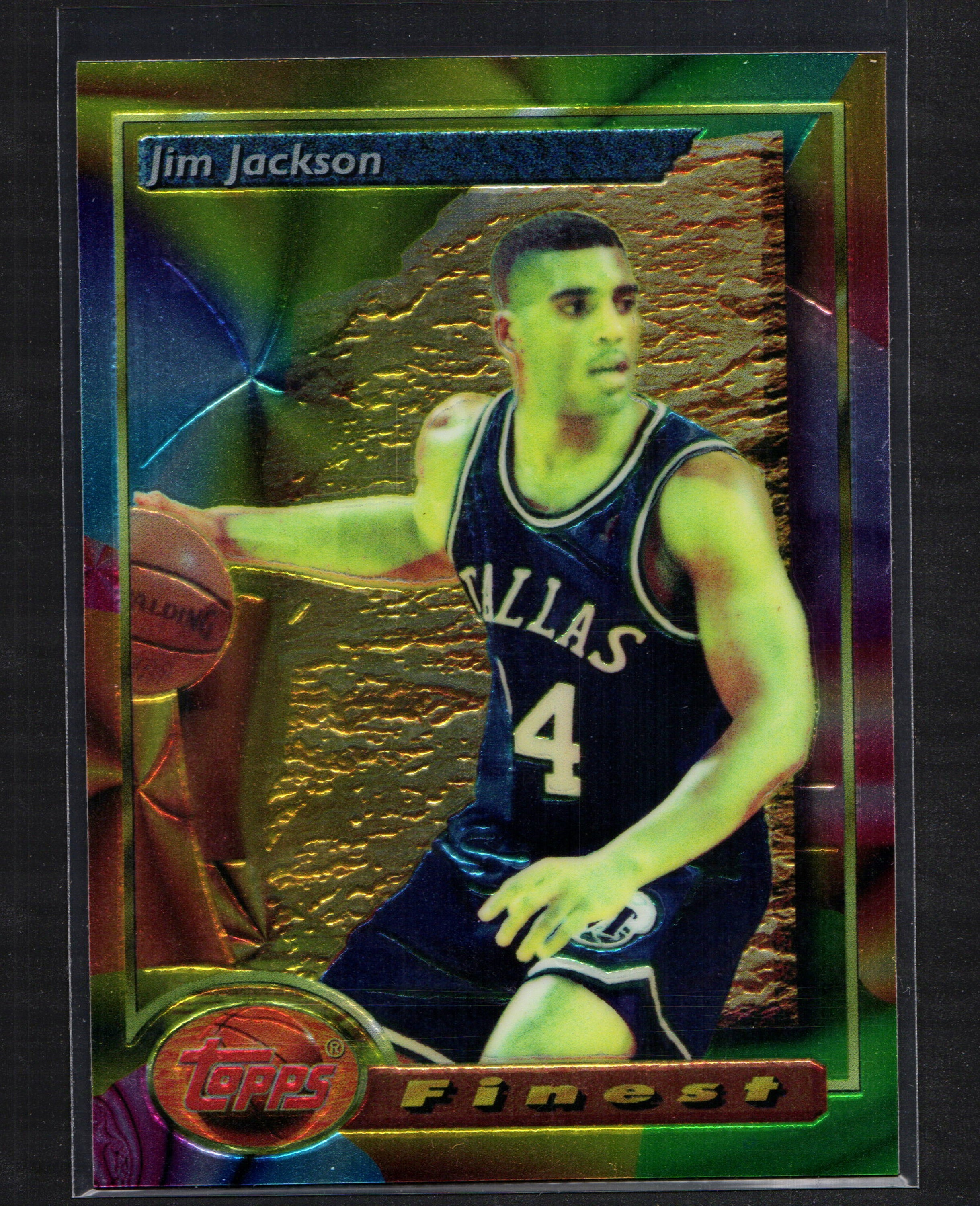 Jim Jackson Dallas Mavericks #136 trading card from 1994 Topps, featuring a refractor parallel design showcasing Jackson in his Mavericks uniform.
